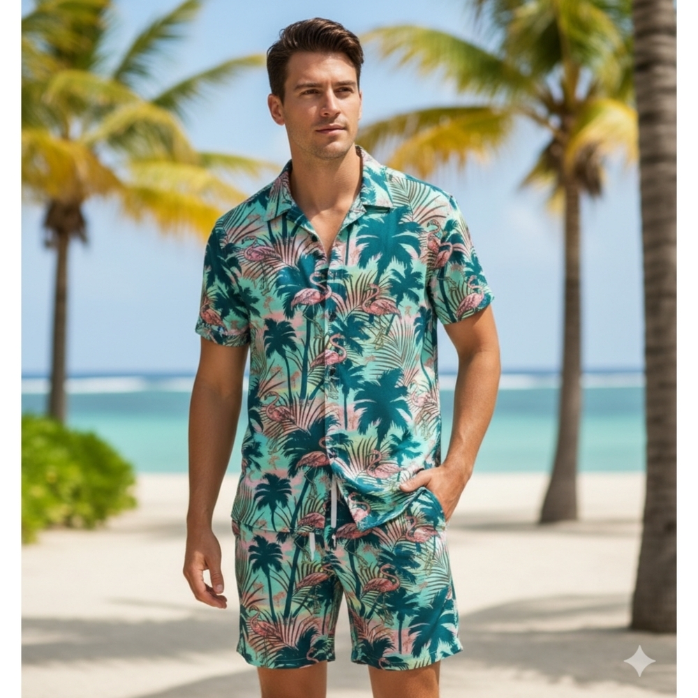 NEW Men's Tropical Print Shirt and Shorts Set